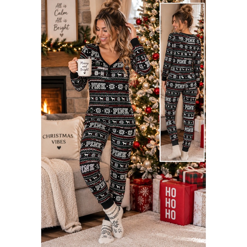 Victoria's Secret PINK M Christmas Fair Isle Thermal Onesie Pajamas Drop Seat